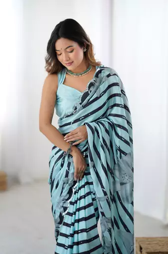 Sea green digital printed chinon saree