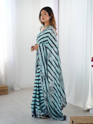 Sea green digital printed chinon saree 4