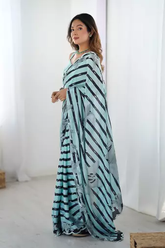 Sea green digital printed chinon saree