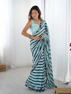 Sea green digital printed chinon saree 5