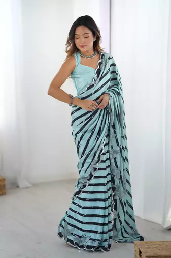 Sea green digital printed chinon saree