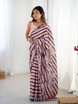 Pink digital printed chinon saree 1