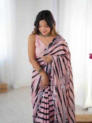 Pink digital printed chinon saree 3