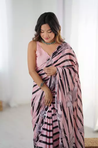 Pink digital printed chinon saree