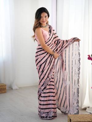 Pink digital printed chinon saree 5