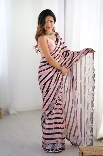 Pink digital printed chinon saree