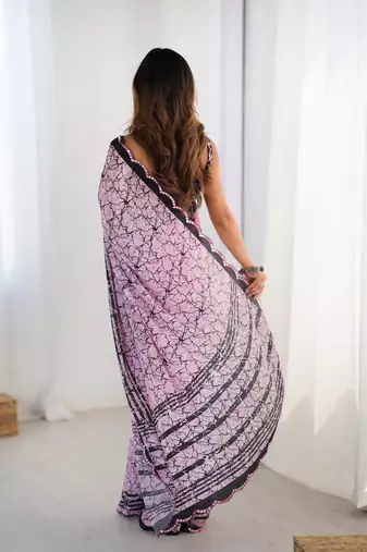 Pink digital printed saree with cut border