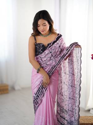 Pink digital printed saree with cut border 3