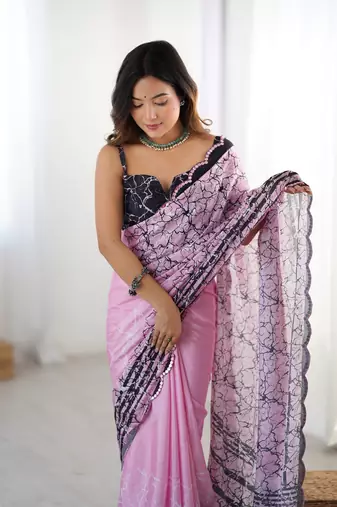 Pink digital printed saree with cut border