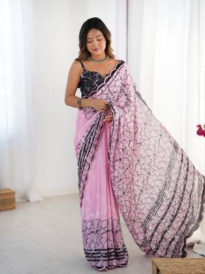 Pink digital printed saree with cut border 4