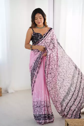 Pink digital printed saree with cut border