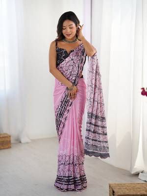 Pink digital printed saree with cut border 5