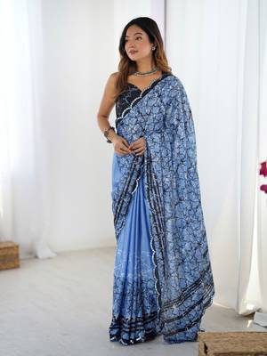 Blue digital printed saree with cut border 1
