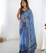 Blue digital printed saree with cut border