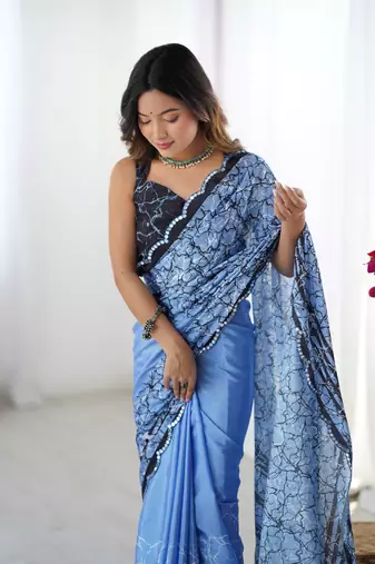 Blue digital printed saree with cut border