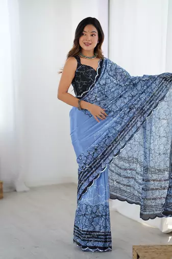 Blue digital printed saree with cut border