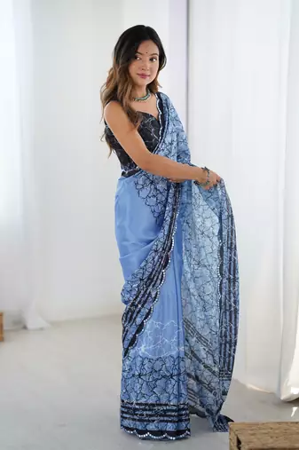 Blue digital printed saree with cut border