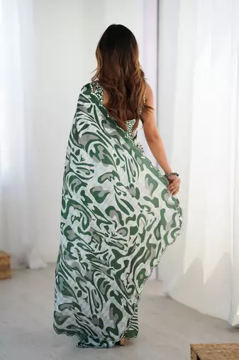 Green digital printed saree with cut border
