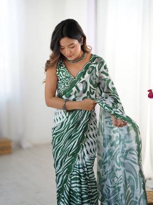 Green digital printed saree with cut border 3