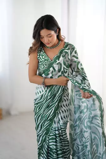 Green digital printed saree with cut border