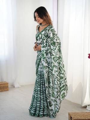 Green digital printed saree with cut border 4