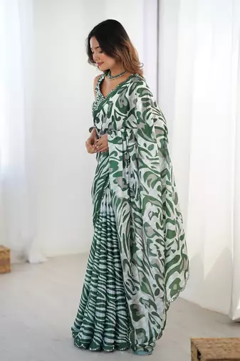 Green digital printed saree with cut border