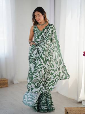 Green digital printed saree with cut border 5