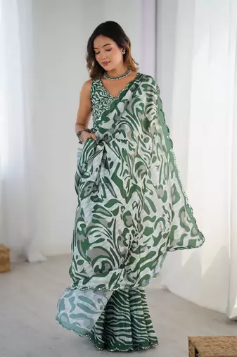 Green digital printed saree with cut border