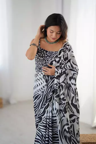 Black digital printed saree with cut border