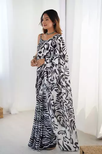 Black digital printed saree with cut border