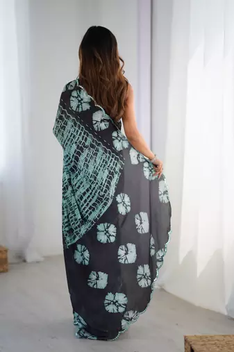 Black digital printed saree with cut border