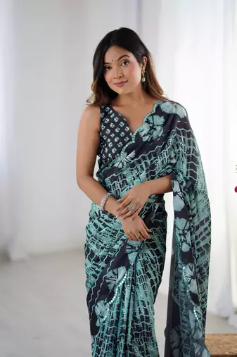 Black digital printed saree with cut border
