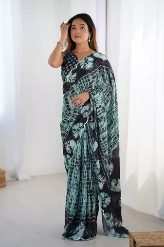 Black digital printed saree with cut border