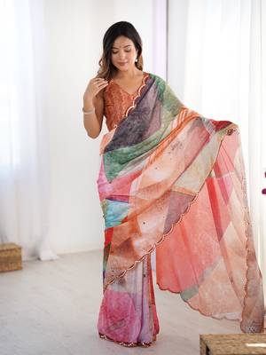Multi digital printed saree with cut border 1