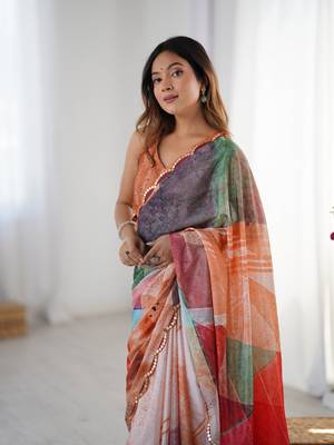 Multi digital printed saree with cut border 3