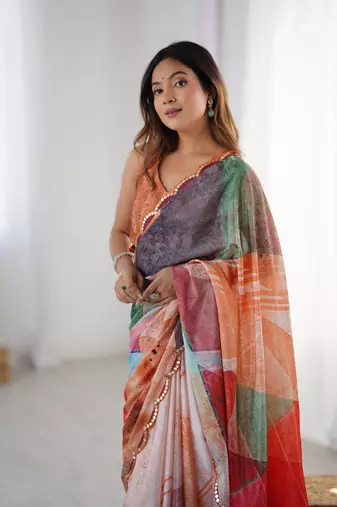 Multi digital printed saree with cut border