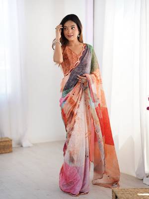 Multi digital printed saree with cut border 4