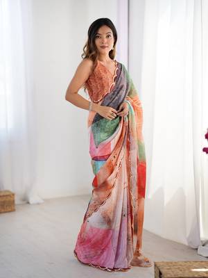 Multi digital printed saree with cut border 5