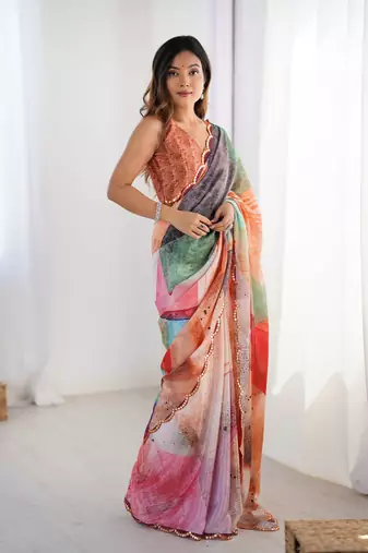 Multi digital printed saree with cut border