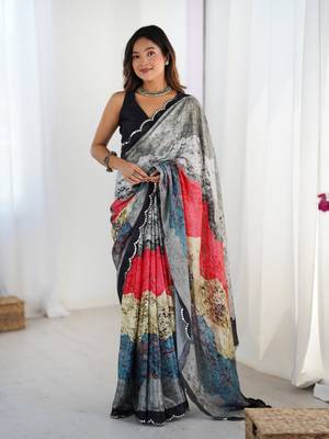 Grey digital printed saree with cut border 1