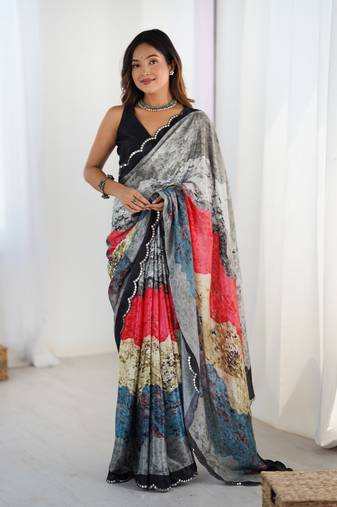 Grey digital printed saree with cut border