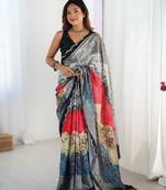 Grey digital printed saree with cut border
