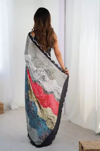 Grey digital printed saree with cut border