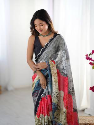 Grey digital printed saree with cut border 3
