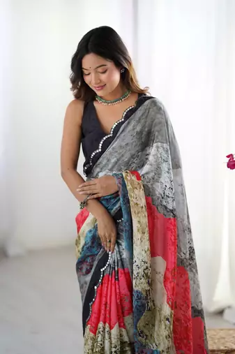 Grey digital printed saree with cut border