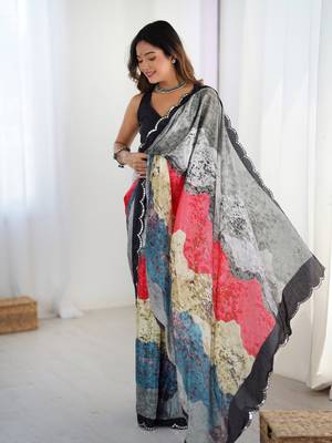 Grey digital printed saree with cut border 4