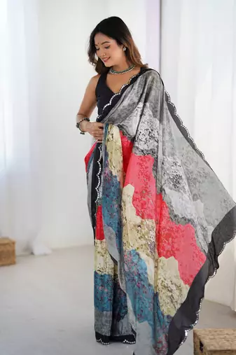 Grey digital printed saree with cut border