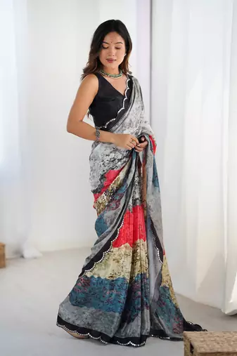 Grey digital printed saree with cut border
