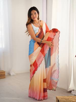 Multi digital printed saree with cut border 1