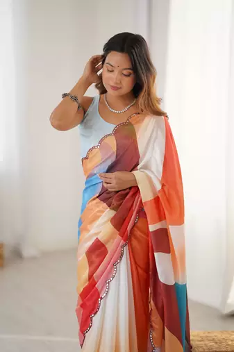 Multi digital printed saree with cut border